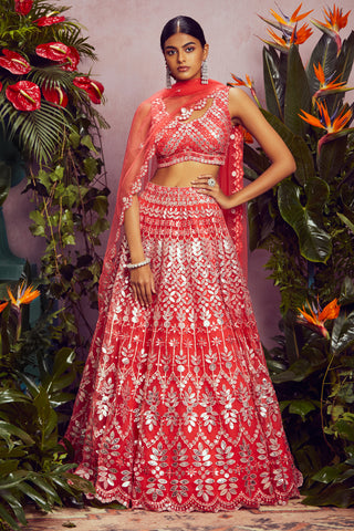 Aneesh Agarwaal-Coral Foil Petals Lehenga Set-INDIASPOPUP.COM