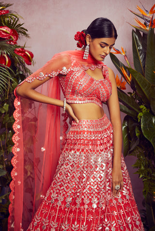 Aneesh Agarwaal-Coral Foil Petals Lehenga Set-INDIASPOPUP.COM