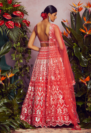 Aneesh Agarwaal-Coral Foil Petals Lehenga Set-INDIASPOPUP.COM