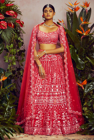 Aneesh Agarwaal-Coral Net Temple Lehenga Set-INDIASPOPUP.COM