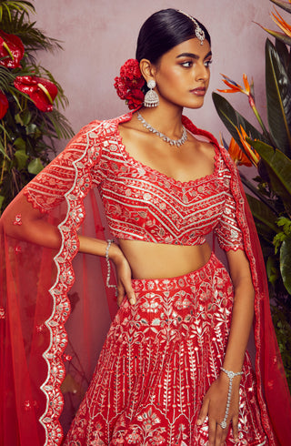 Aneesh Agarwaal-Coral Net Temple Lehenga Set-INDIASPOPUP.COM