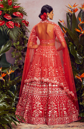 Aneesh Agarwaal-Coral Net Temple Lehenga Set-INDIASPOPUP.COM