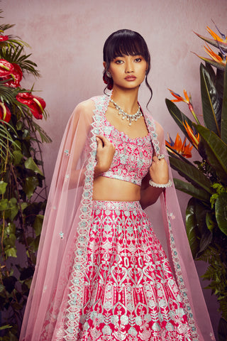 Aneesh Agarwaal-Fuchsia Pink Silk Lehenga Set-INDIASPOPUP.COM