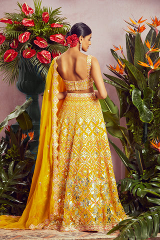 Aneesh Agarwaal-Yellow Foil Petals Lehenga Set-INDIASPOPUP.COM