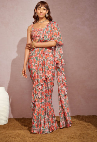 Aneesh Agarwaal-Beige Coral Frill Saree Set-INDIASPOPUP.COM
