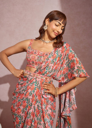 Aneesh Agarwaal-Beige Coral Frill Saree Set-INDIASPOPUP.COM