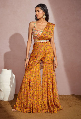 Aneesh Agarwaal-Yellow Paisely Sharara Sharara Saree Set-INDIASPOPUP.COM