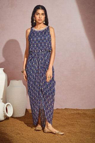 Aneesh Agarwaal-Navy Ikkat Halter Dress-INDIASPOPUP.COM