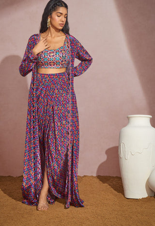 Aneesh Agarwaal-Multicolor Printed Wrap Skirt With Bustier And Jacket-INDIASPOPUP.COM