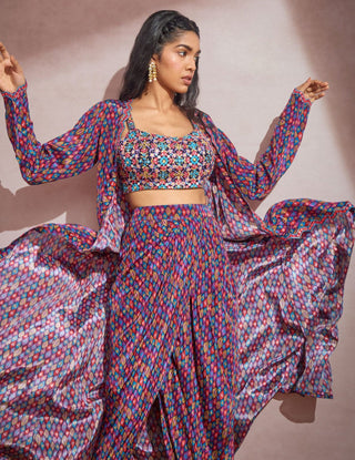 Aneesh Agarwaal-Multicolor Printed Wrap Skirt With Bustier And Jacket-INDIASPOPUP.COM