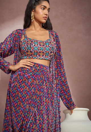 Aneesh Agarwaal-Multicolor Printed Wrap Skirt With Bustier And Jacket-INDIASPOPUP.COM