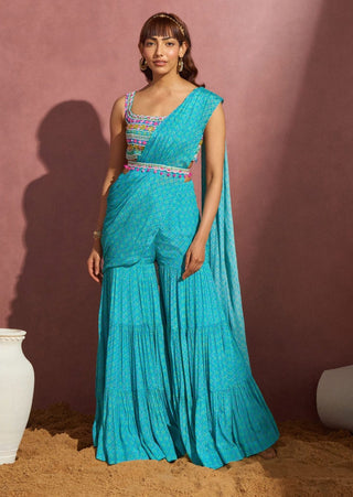 Aneesh Agarwaal-Aqua Sharara Sharara Saree Set-INDIASPOPUP.COM