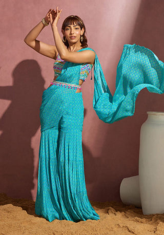 Aneesh Agarwaal-Aqua Sharara Sharara Saree Set-INDIASPOPUP.COM