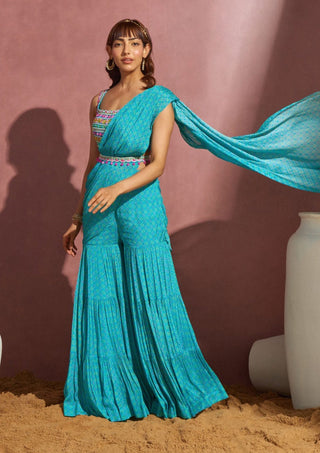 Aneesh Agarwaal-Aqua Sharara Sharara Saree Set-INDIASPOPUP.COM