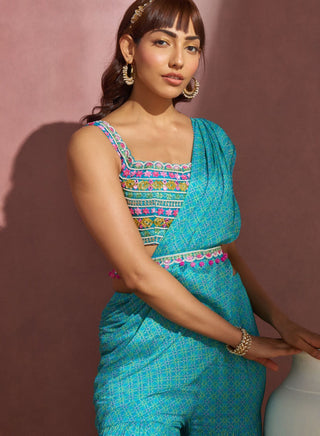 Aneesh Agarwaal-Aqua Sharara Sharara Saree Set-INDIASPOPUP.COM