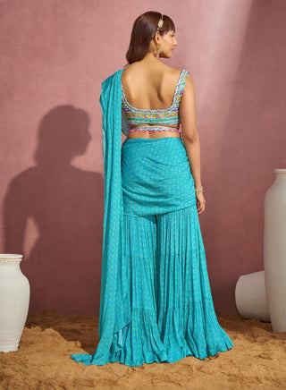 Aneesh Agarwaal-Aqua Sharara Sharara Saree Set-INDIASPOPUP.COM
