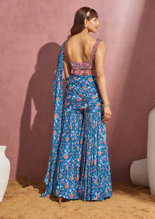 Aneesh Agarwaal-Royal Blue Sharara Saree Set-INDIASPOPUP.COM