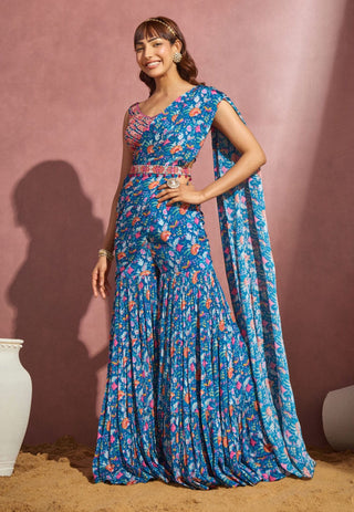 Aneesh Agarwaal-Royal Blue Sharara Saree Set-INDIASPOPUP.COM