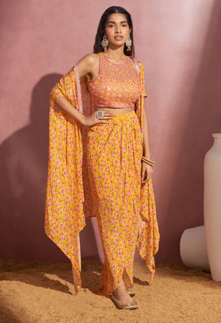 Aneesh Agarwaal-Yellow Wrap Skirt With Cape And Blouse-INDIASPOPUP.COM