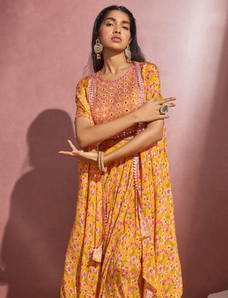 Aneesh Agarwaal-Yellow Wrap Skirt With Cape And Blouse-INDIASPOPUP.COM