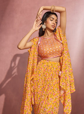Aneesh Agarwaal-Yellow Wrap Skirt With Cape And Blouse-INDIASPOPUP.COM