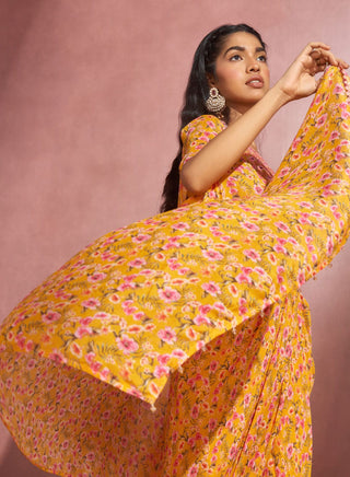 Aneesh Agarwaal-Yellow Wrap Skirt With Cape And Blouse-INDIASPOPUP.COM