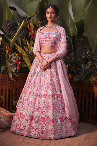Aneesh Agarwaal-Lilac Multicolor Organza Lehenga Set-INDIASPOPUP.COM