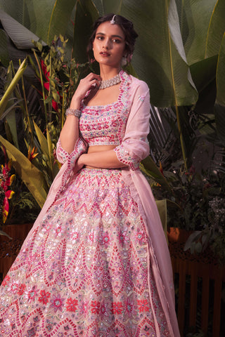 Aneesh Agarwaal-Lilac Multicolor Organza Lehenga Set-INDIASPOPUP.COM