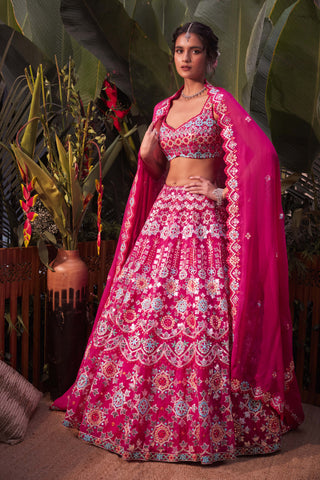 Aneesh Agarwaal-Magenta Pink Floral Lehenga Set-INDIASPOPUP.COM