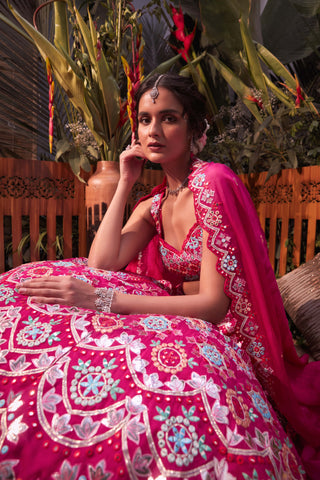 Aneesh Agarwaal-Magenta Pink Floral Lehenga Set-INDIASPOPUP.COM