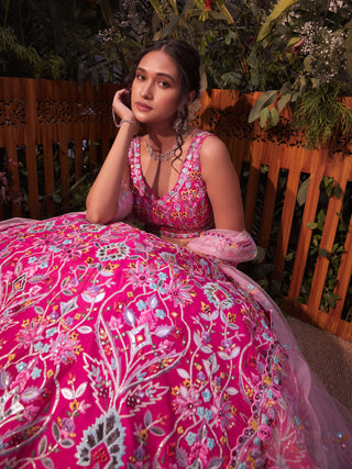 Aneesh Agarwaal-Fushcia Pink Lehenga Set-INDIASPOPUP.COM