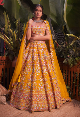 Aneesh Agarwaal-Yellow Barik Lehenga Set-INDIASPOPUP.COM