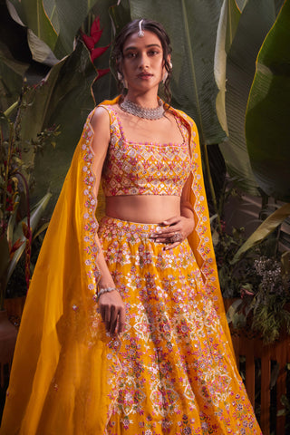 Aneesh Agarwaal-Yellow Barik Lehenga Set-INDIASPOPUP.COM