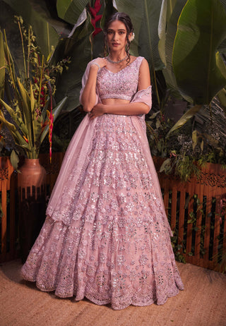 Aneesh Agarwaal-Taupe Mirror Net Lehenga Set-INDIASPOPUP.COM