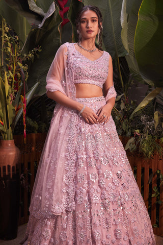 Aneesh Agarwaal-Taupe Mirror Net Lehenga Set-INDIASPOPUP.COM