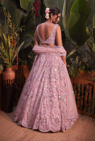 Aneesh Agarwaal-Taupe Mirror Net Lehenga Set-INDIASPOPUP.COM