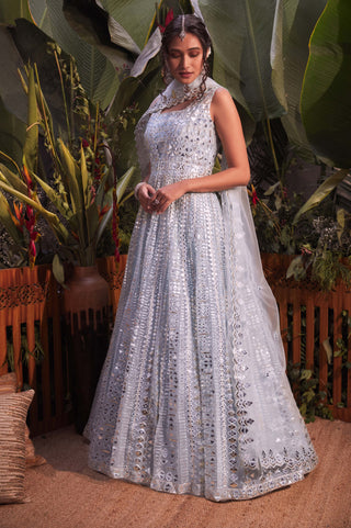 Aneesh Agarwaal-Sky Blue Linear Jacket Skirt Set-INDIASPOPUP.COM