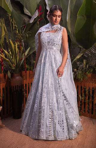 Aneesh Agarwaal-Sky Blue Linear Jacket Skirt Set-INDIASPOPUP.COM