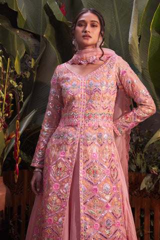 Aneesh Agarwaal-Peach Organza Jacket Skirt Set-INDIASPOPUP.COM