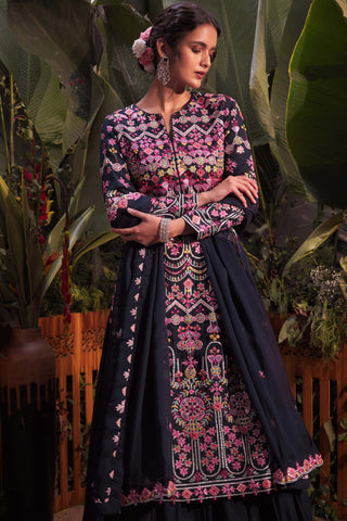 Aneesh Agarwaal-Navy Multicolor Jacket Skirt Set-INDIASPOPUP.COM