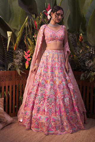Aneesh Agarwaal-Peach Multicolor Tropical Lehenga Set-INDIASPOPUP.COM
