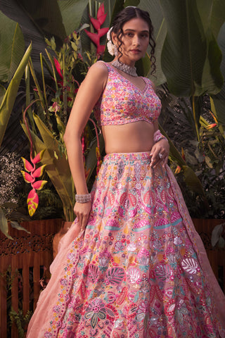 Aneesh Agarwaal-Peach Multicolor Tropical Lehenga Set-INDIASPOPUP.COM