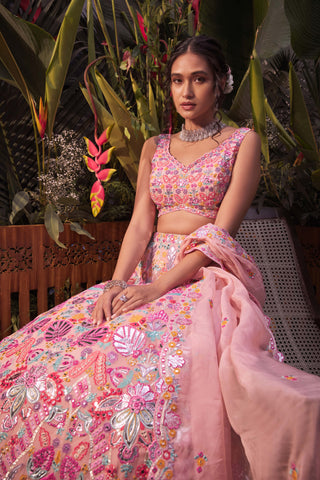 Aneesh Agarwaal-Peach Multicolor Tropical Lehenga Set-INDIASPOPUP.COM