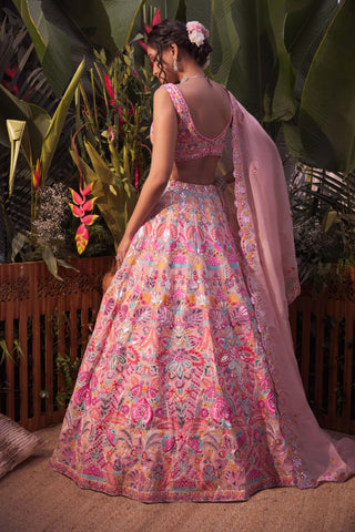 Aneesh Agarwaal-Peach Multicolor Tropical Lehenga Set-INDIASPOPUP.COM