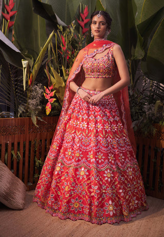 Aneesh Agarwaal-Burnt Orange Scalloped Lehenga Set-INDIASPOPUP.COM