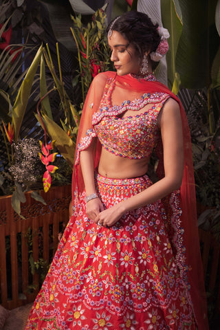 Aneesh Agarwaal-Burnt Orange Scalloped Lehenga Set-INDIASPOPUP.COM