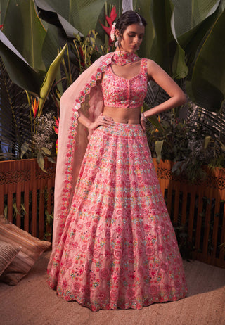 Aneesh Agarwaal-Pink Sequence Mirror Lehenga Set-INDIASPOPUP.COM