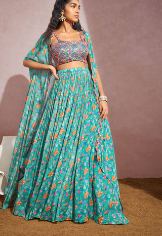 Aneesh Agarwaal-Teal Floral Cape With Skirt And Blouse-INDIASPOPUP.COM
