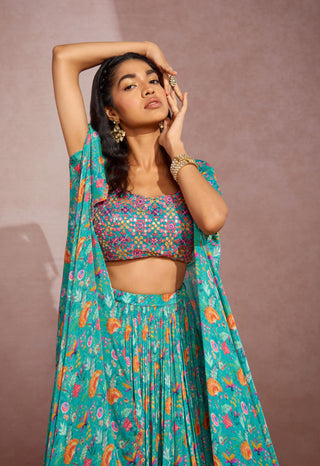 Aneesh Agarwaal-Teal Floral Cape With Skirt And Blouse-INDIASPOPUP.COM