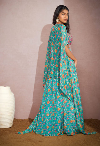 Aneesh Agarwaal-Teal Floral Cape With Skirt And Blouse-INDIASPOPUP.COM